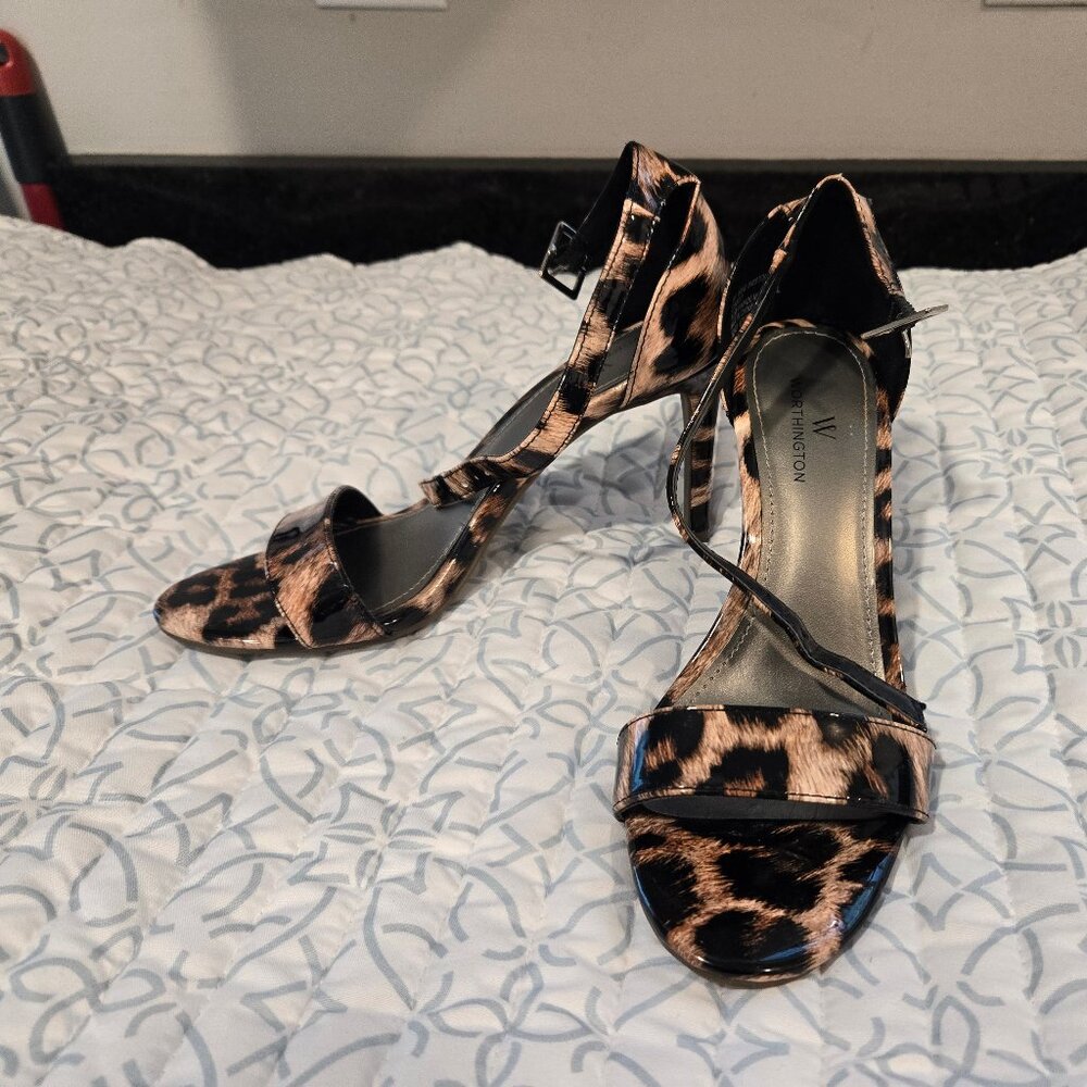 Worthington Patent Leopard Ankle Strap Sandal Heels